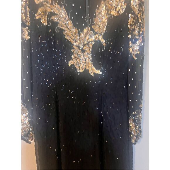 Vintage Jaqueline Ferrar 12 Sequin Beaded Sheath Dress Black Gold Party Cocktail - Picture 5 of 14
